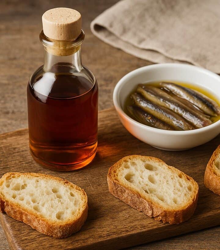 Bottiglia di colatura di alici accanto a ciotola con alici sott’olio e fette di pane rustico