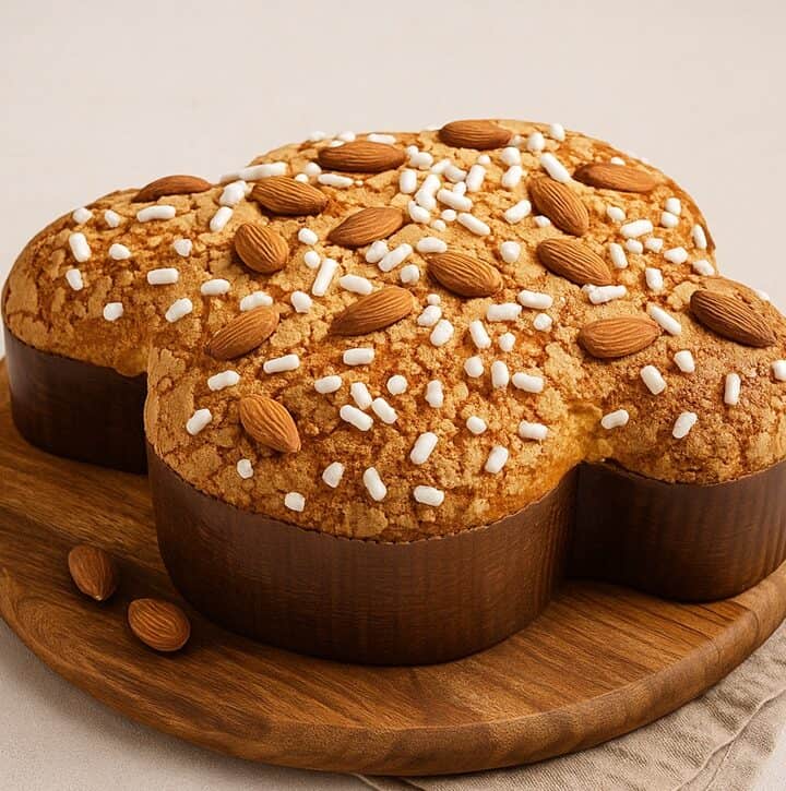 Dolce di Pasqua a forma di colomba decorato con mandorle intere e granella di zucchero