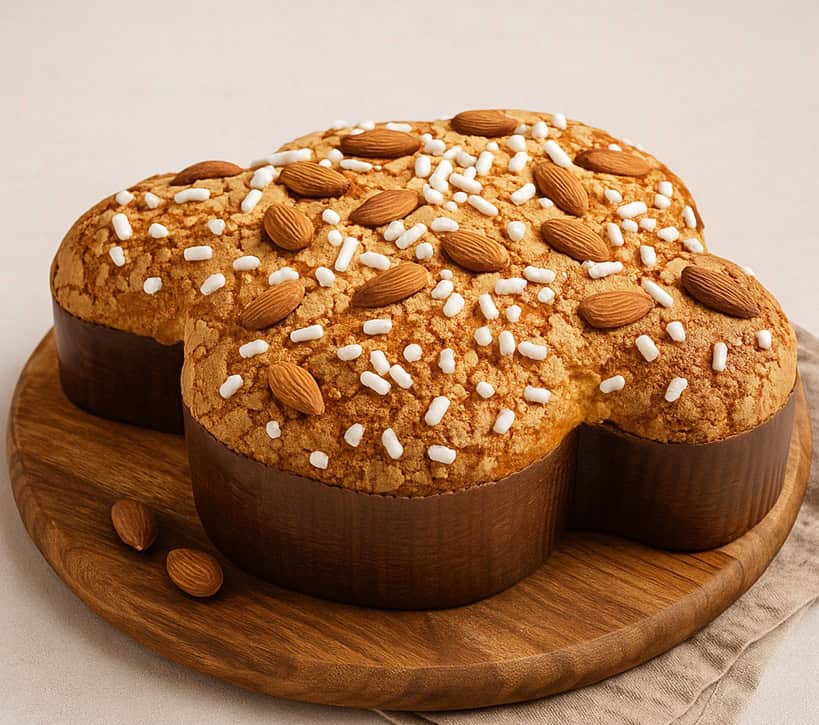 Dolce di Pasqua a forma di colomba decorato con mandorle intere e granella di zucchero
