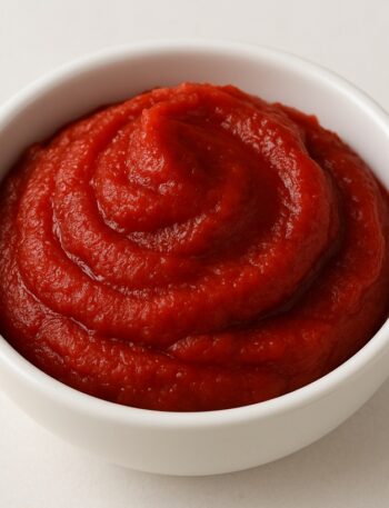 Concentrato di pomodoro rosso vivo in una ciotola su sfondo chiaro
