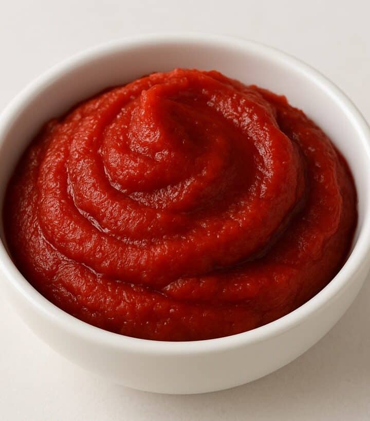 Concentrato di pomodoro rosso vivo in una ciotola su sfondo chiaro