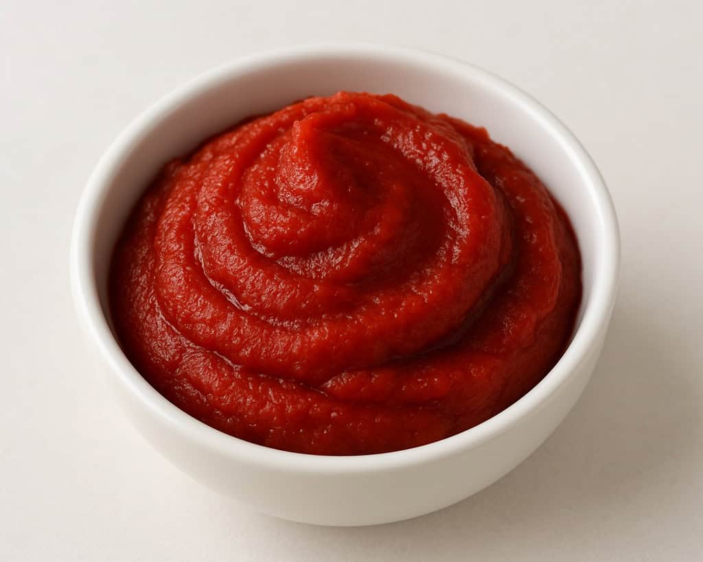 Concentrato di pomodoro rosso vivo in una ciotola su sfondo chiaro