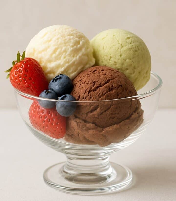 Coppa di vetro con tre gusti di gelato e frutti di bosco freschi