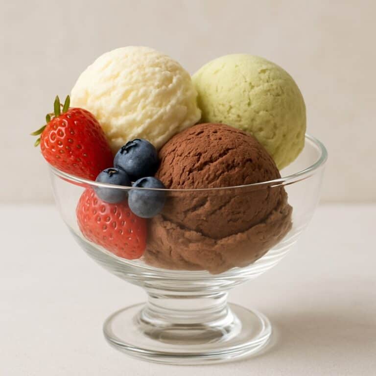 Coppa di vetro con tre gusti di gelato e frutti di bosco freschi
