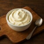 Mascarpone cremoso in coppetta su tagliere di legno rustico con cucchiaino accanto