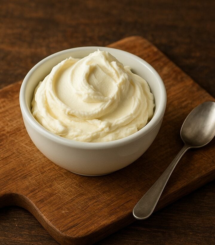 Mascarpone cremoso in coppetta su tagliere di legno rustico con cucchiaino accanto