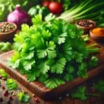 Foglie fresche e semi di coriandolo su una superficie rustica