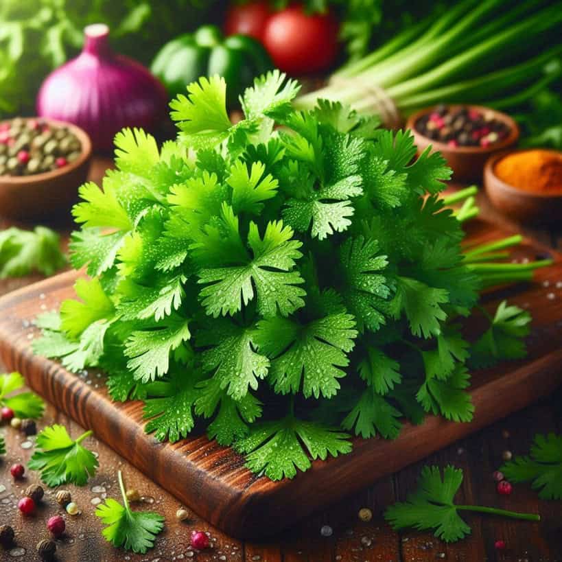 Foglie fresche e semi di coriandolo su una superficie rustica