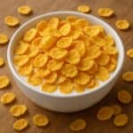 Una ciotola bianca con corn flakes dorati immersi nel latte, circondati da fiocchi di mais sparsi su una superficie di legno.