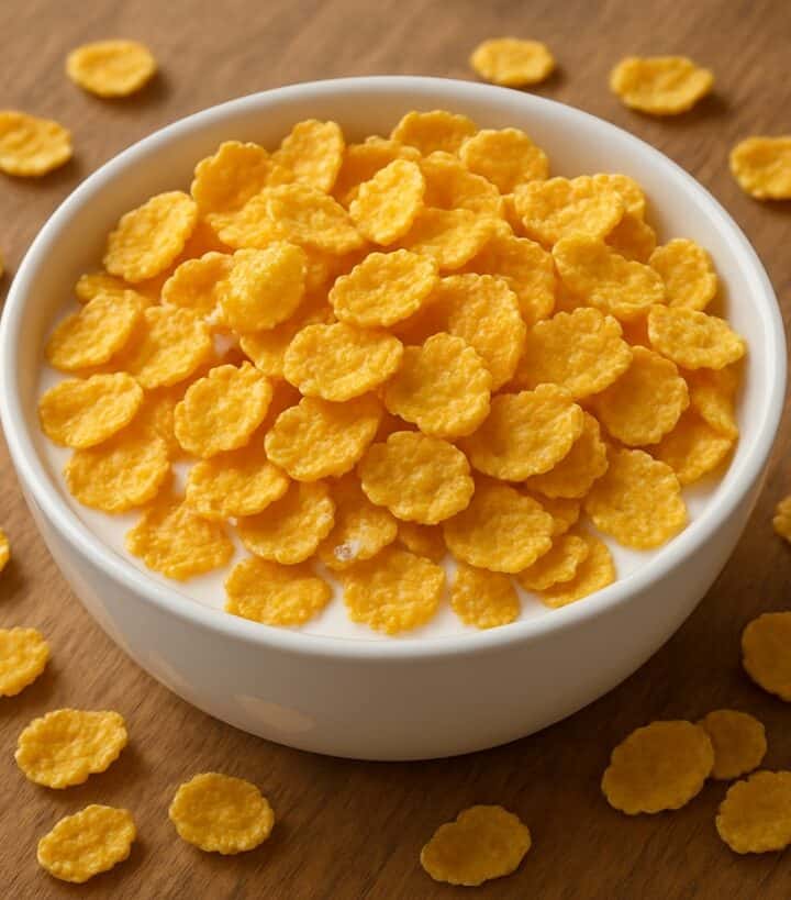 Una ciotola bianca con corn flakes dorati immersi nel latte, circondati da fiocchi di mais sparsi su una superficie di legno.