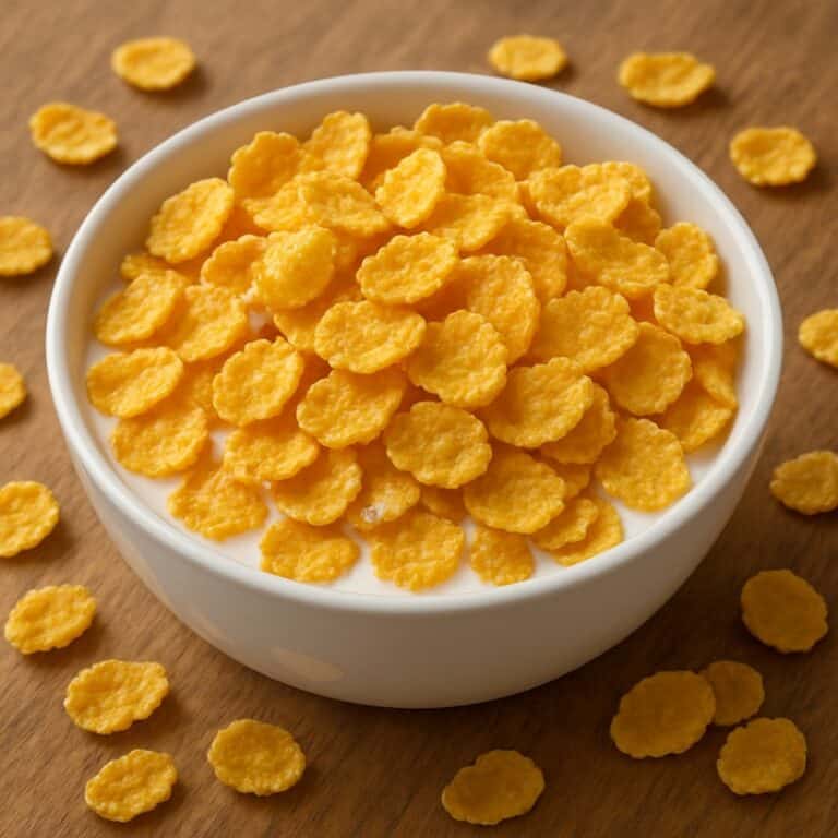Una ciotola bianca con corn flakes dorati immersi nel latte, circondati da fiocchi di mais sparsi su una superficie di legno.
