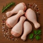 Quattro cosce di pollo crude disposte a forma di ventaglio, accompagnate da rosmarino, prezzemolo, sale grosso e pepe, su una superficie di legno.