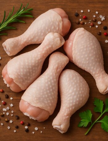Quattro cosce di pollo crude disposte a forma di ventaglio, accompagnate da rosmarino, prezzemolo, sale grosso e pepe, su una superficie di legno.
