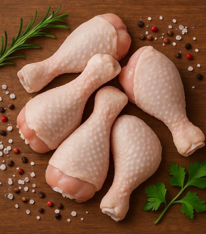 Quattro cosce di pollo crude disposte a forma di ventaglio, accompagnate da rosmarino, prezzemolo, sale grosso e pepe, su una superficie di legno.