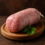 Cotechino italiano crudo su tagliere rotondo di legno con foglia di prezzemolo