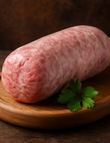 Cotechino italiano crudo su tagliere rotondo di legno con foglia di prezzemolo