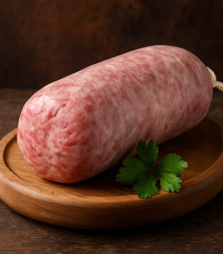 Cotechino italiano crudo su tagliere rotondo di legno con foglia di prezzemolo