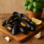 Cozze nere con guscio lucido aperte su tagliere di legno, con limone, aglio e pianta di basilico