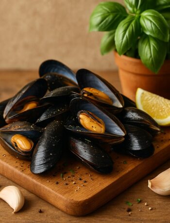Cozze nere con guscio lucido aperte su tagliere di legno, con limone, aglio e pianta di basilico
