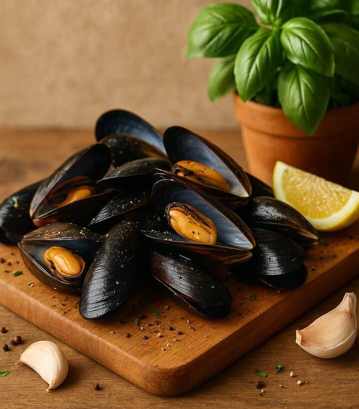 Cozze nere con guscio lucido aperte su tagliere di legno, con limone, aglio e pianta di basilico