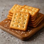 Stack di crackers salati croccanti su tagliere in legno con grani di sale