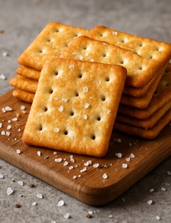 Stack di crackers salati croccanti su tagliere in legno con grani di sale