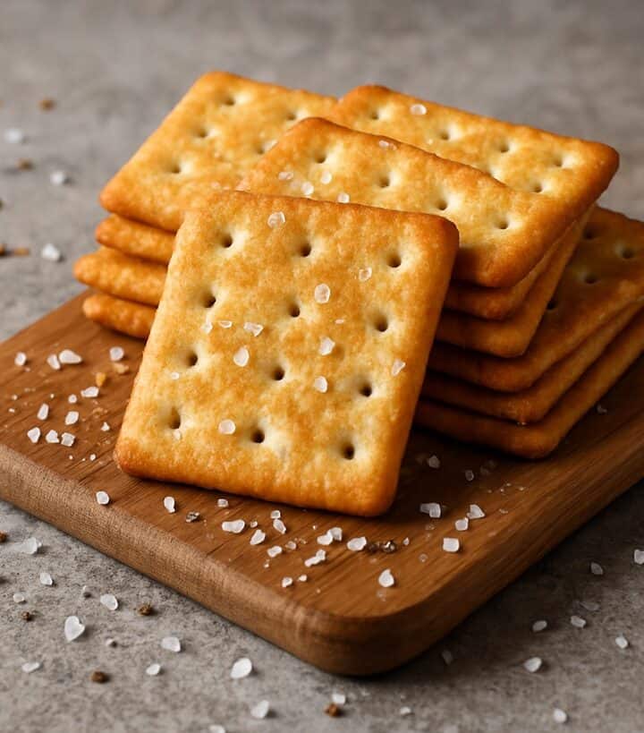 Stack di crackers salati croccanti su tagliere in legno con grani di sale