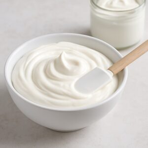 Crema Alba bianca e lucida in ciotola con spatola in silicone su sfondo chiaro