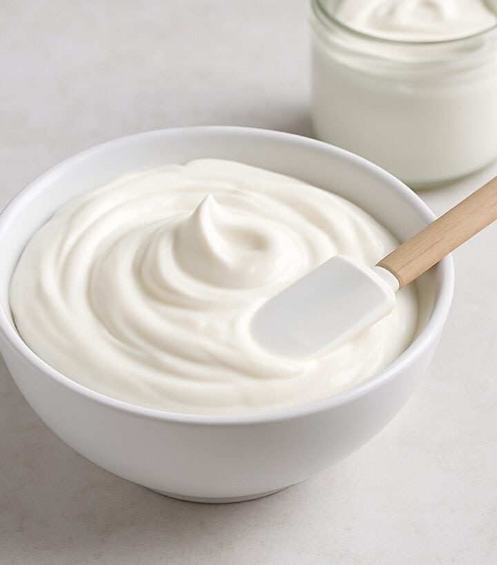 Crema Alba bianca e lucida in ciotola con spatola in silicone su sfondo chiaro