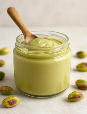 Barattolo di crema di pistacchi con cucchiaio in legno e pistacchi sgusciati attorno