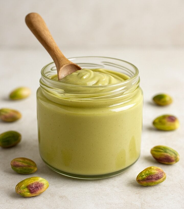 Barattolo di crema di pistacchi con cucchiaio in legno e pistacchi sgusciati attorno