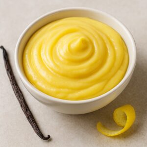 Crema pasticcera liscia in ciotola con baccello di vaniglia e scorza di limone su sfondo chiaro