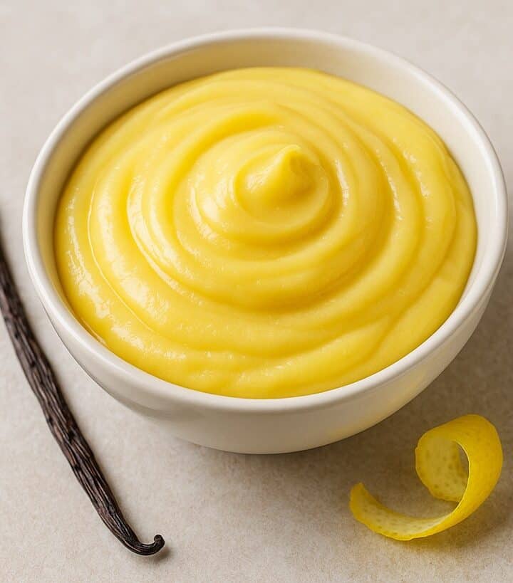 Crema pasticcera liscia in ciotola con baccello di vaniglia e scorza di limone su sfondo chiaro