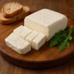 Formaggio crescenza affettato su tagliere di legno con rucola e fette di pane