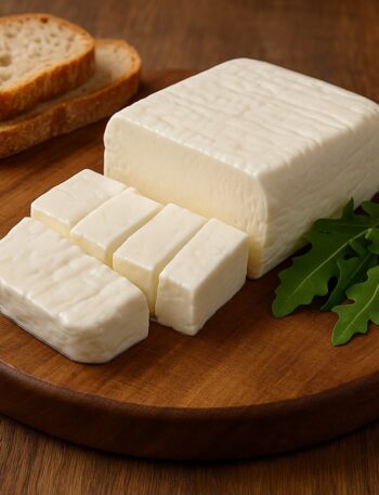 Formaggio crescenza affettato su tagliere di legno con rucola e fette di pane