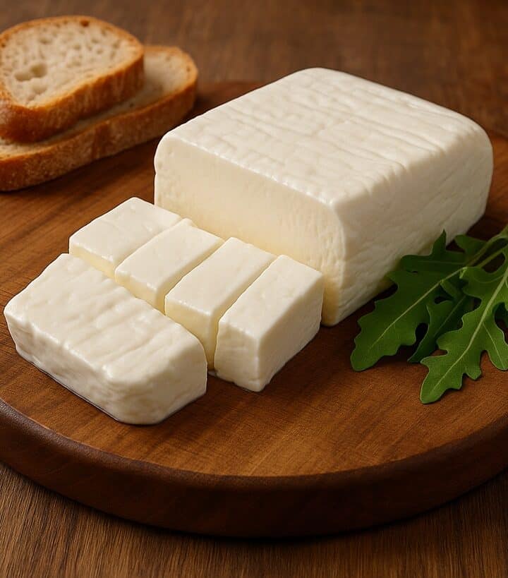 Formaggio crescenza affettato su tagliere di legno con rucola e fette di pane