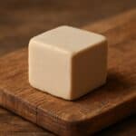 Cubetto beige di lievito di birra fresco posato su un tagliere in legno naturale