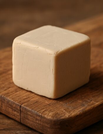 Cubetto beige di lievito di birra fresco posato su un tagliere in legno naturale