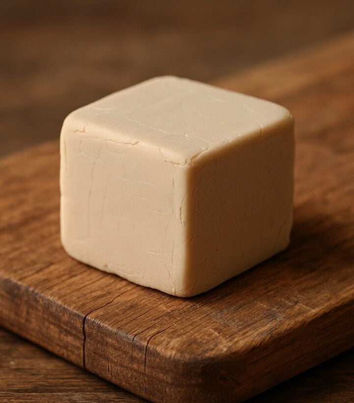 Cubetto beige di lievito di birra fresco posato su un tagliere in legno naturale