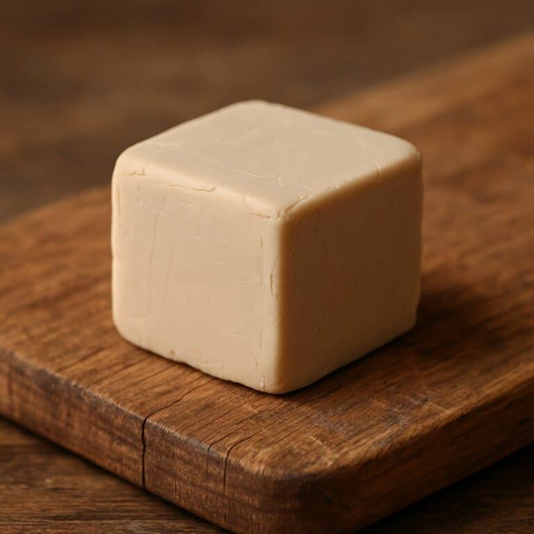 Cubetto beige di lievito di birra fresco posato su un tagliere in legno naturale