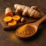 Radice di curcuma tagliata e cucchiaio colmo di curcuma in polvere