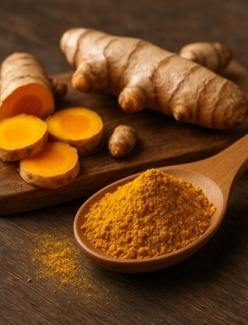 Radice di curcuma tagliata e cucchiaio colmo di curcuma in polvere