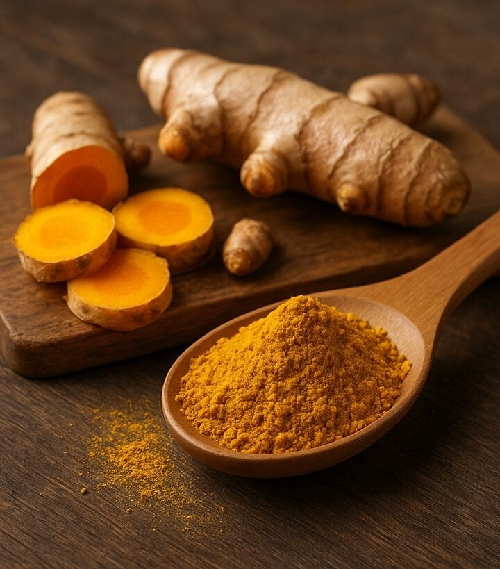 Radice di curcuma tagliata e cucchiaio colmo di curcuma in polvere