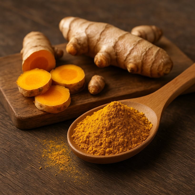 Radice di curcuma tagliata e cucchiaio colmo di curcuma in polvere