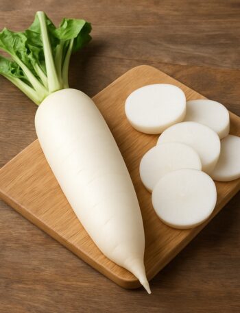 Daikon fresco intero con foglie verdi e fette affettate su tagliere