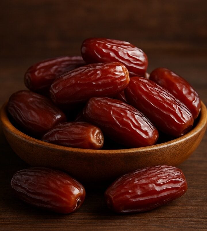 Datteri lucidi e rugosi in ciotola di legno con alcuni frutti sparsi sul tavolo