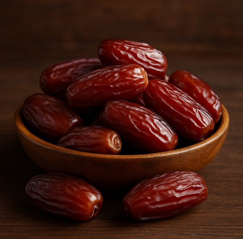 Datteri lucidi e rugosi in ciotola di legno con alcuni frutti sparsi sul tavolo