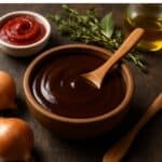Salsa demi-glace scura e densa in cucchiaio sopra ciotola di ceramica marrone