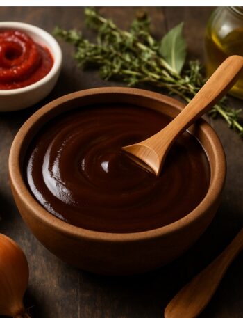 Salsa demi-glace scura e densa in cucchiaio sopra ciotola di ceramica marrone