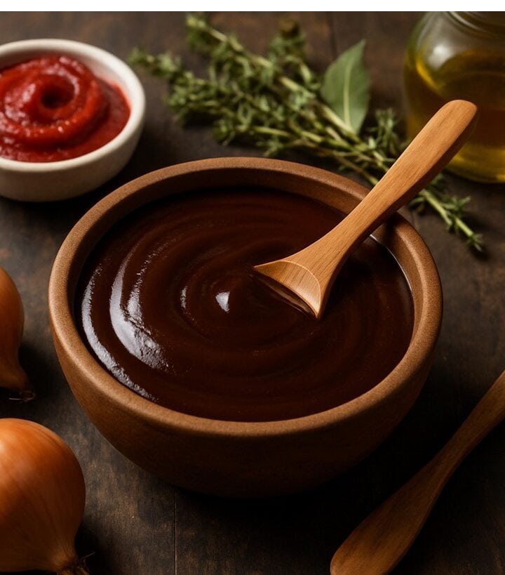 Salsa demi-glace scura e densa in cucchiaio sopra ciotola di ceramica marrone